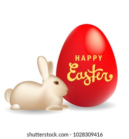 Happy Easter card with cute bunny and red colored egg. Vector illustration isolated on white background