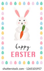 Happy Easter card,  cute bunny. Easter rabbit eats a carrot. Vector Illustration. 