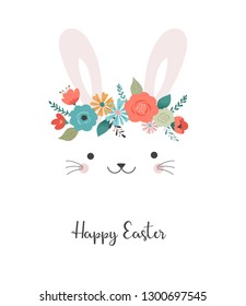 Happy Easter card - cute bunny with flower crown, vector illustration