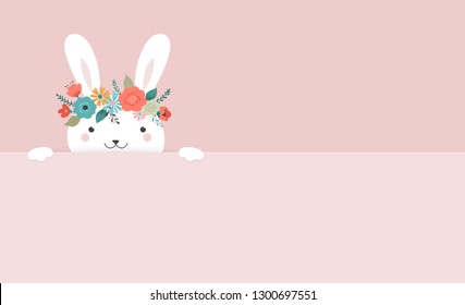 Happy Easter card - cute bunny with flower crown, vector illustration