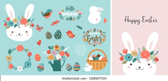 Happy Easter card - cute bunny, eggs, birds and flowers elements, vector illustration