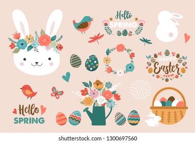 Happy Easter card - cute bunny, eggs, birds and flowers elements, vector illustration