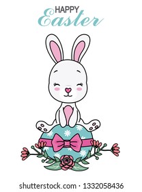 Happy easter card. cute bunny sitting on easter egg