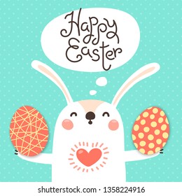 Happy Easter card with cute bunny. White rabbit with painted egg. Vector illustration.