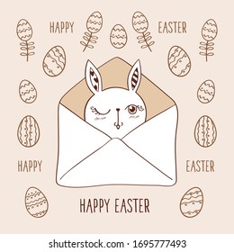 Happy Easter card. Cute bunny in envelope. Background with decorative eggs. Vector illustration.