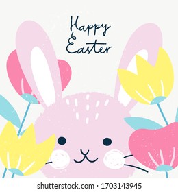 Happy Easter card with a cute bunny surrounded by colorful flowers. Vector illustration of holiday greetings from a cute character drawn in cartoon flat style. Elements are isolated.