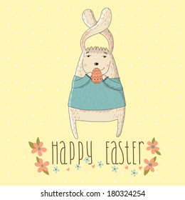 Happy Easter card with cute bunny and type font. 