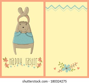 Happy Easter card with cute bunny. Two sides of the same cards. 