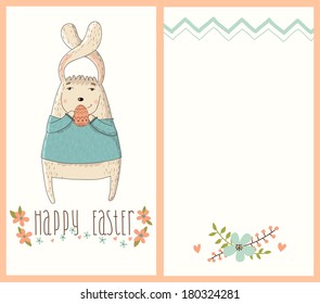 Happy Easter card with cute bunny. Two sides of the same cards. 