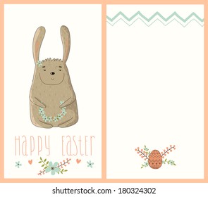 Happy Easter card with cute bunny. Two sides of the same cards. 