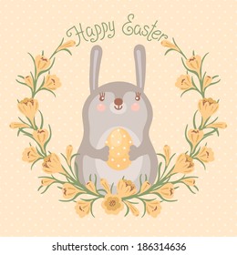 Happy Easter card with cute bunny. Vector illustration.