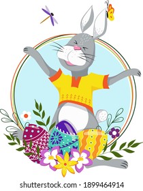 Happy Easter card. Cute bunny. Vector illustration without background. Spring holidays. Easter eggs.