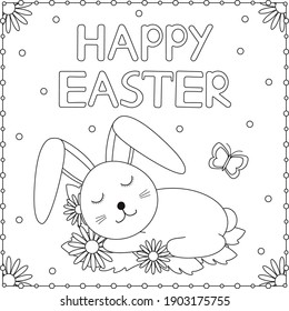 Happy Easter card. Cute bunny and flowers. Coloring page. Vector illustration. 