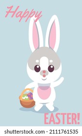 Happy Easter Card. Cute Bunny Holding Gift Basket With Eggs
