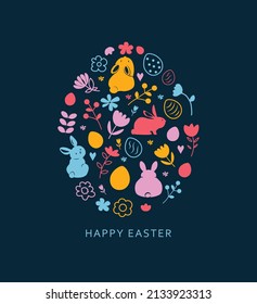 Happy Easter card, cute bunny, eggs and flowers elements, vector illustration