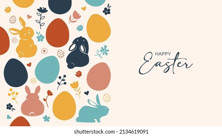 Happy Easter card, cute bunny, eggs and flowers elements, vector illustration