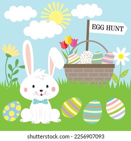 Feliz tarjeta de Pascua con lindo conejito y cesta de huevos