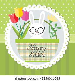Happy easter card with cute bunny and tulip on the basket