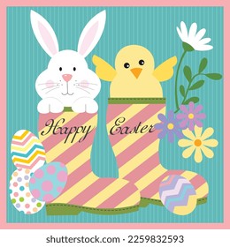 Happy easter card with cute bunny and chick on the shoe