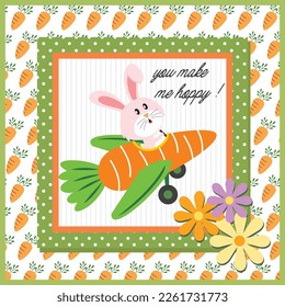 Happy easter card with cute bunny on the carrot plane