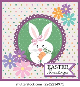 Happy easter card with cute bunny, carrot and flowers