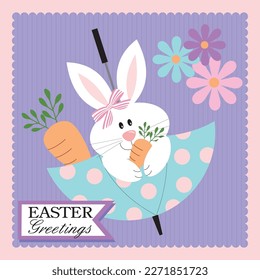 Happy easter card with cute bunny and carrot on the umbrella