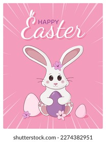 Happy Easter card with cute easter bunny and eggs.