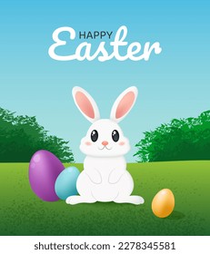 Feliz tarjeta de Pascua con lindo conejito y huevos.