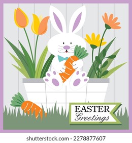 Happy easter card with cute bunny and carrot on the basket