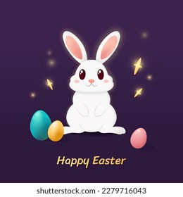 Happy Easter card with cute easter bunny and eggs.