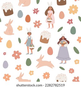 Happy Easter card, Cute bunny ilustración clipart, Children egg hunt flyer, imágenes vectoriales en caricatura plana, imágenes imprimibles de descarga digital, wall art print, pastel de orejas de conejo cestas.