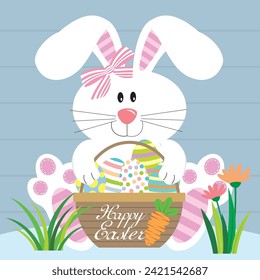 Happy easter card with cute bunny and eggs in the basket