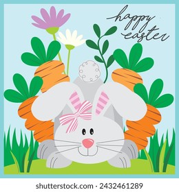 Happy easter card with cute bunny and carrots