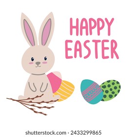 Happy Easter card, cute card with a bunny and a basket of painted eggs. holiday gift card
