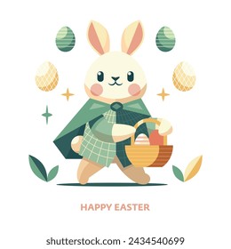 Happy Easter card, cute Bunny with basket, geometric trendy  vector style