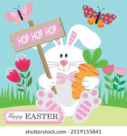 Happy Easter card with cute bunny, carrot and flowers