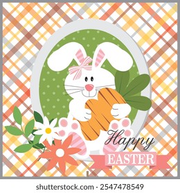 Happy Easter card with cute bunny, carrot and flowers