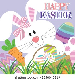 Happy Easter card with cute bunny, eggs and carrot