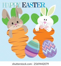 Happy Easter card with cute bunny, carrots and eggs