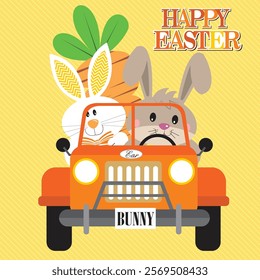 Happy Easter card with cute bunny and carrot on the car