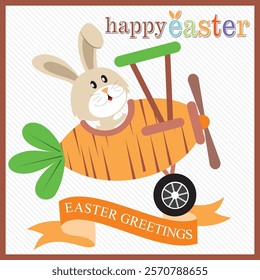 Happy Easter card with cute bunny on the carrot plane