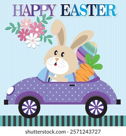 Happy Easter card with cute bunny and carrots on the car