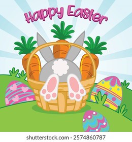 Happy Easter card with cute bunny and carrots inside basket