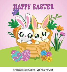 Happy Easter card with cute bunny and carrot in the basket