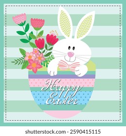 Happy Easter card with cute bunny and flowers on egg shell