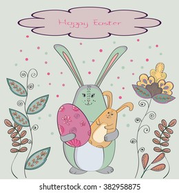Happy Easter card with cute bunny and doodle flowers. Holiday vector illustration.