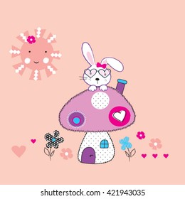 Happy Easter card, cute bunny in the flower garden vector illustration