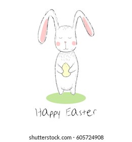 Happy Easter card with cute bunny. Vector illustration