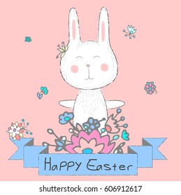 Happy Easter card with cute bunny and floral background. Vector illustration