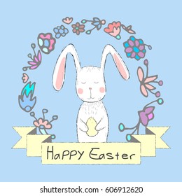 Happy Easter card with cute bunny and floral background. Vector illustration